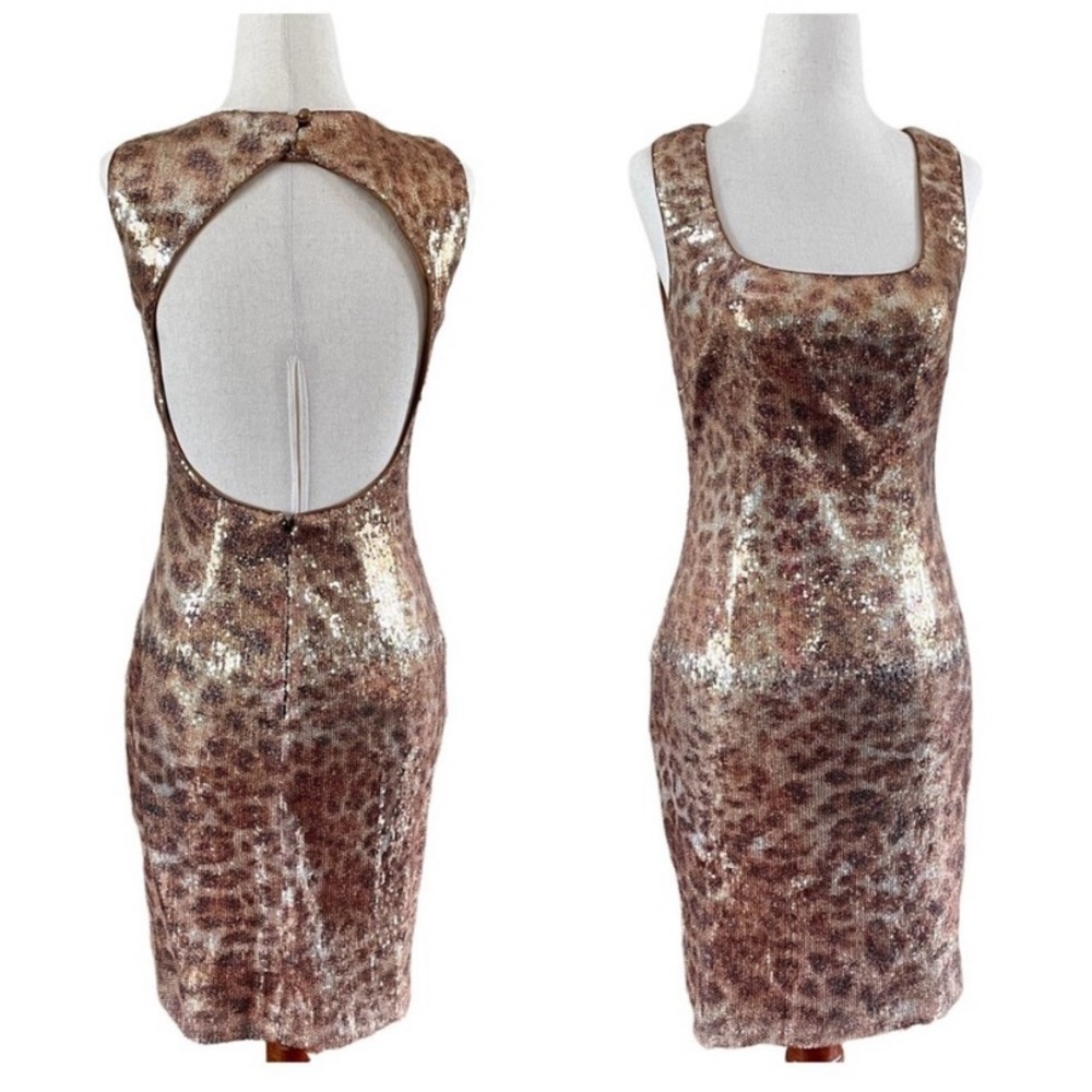 Cache Mini Party Dress 1980s Leopard Print Sequined Cut Out Back Size 4